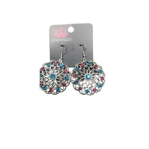 Paparazzi Dangle Earrings with Blue and Pink Rhinestones, NEW - Picture 1 of 4